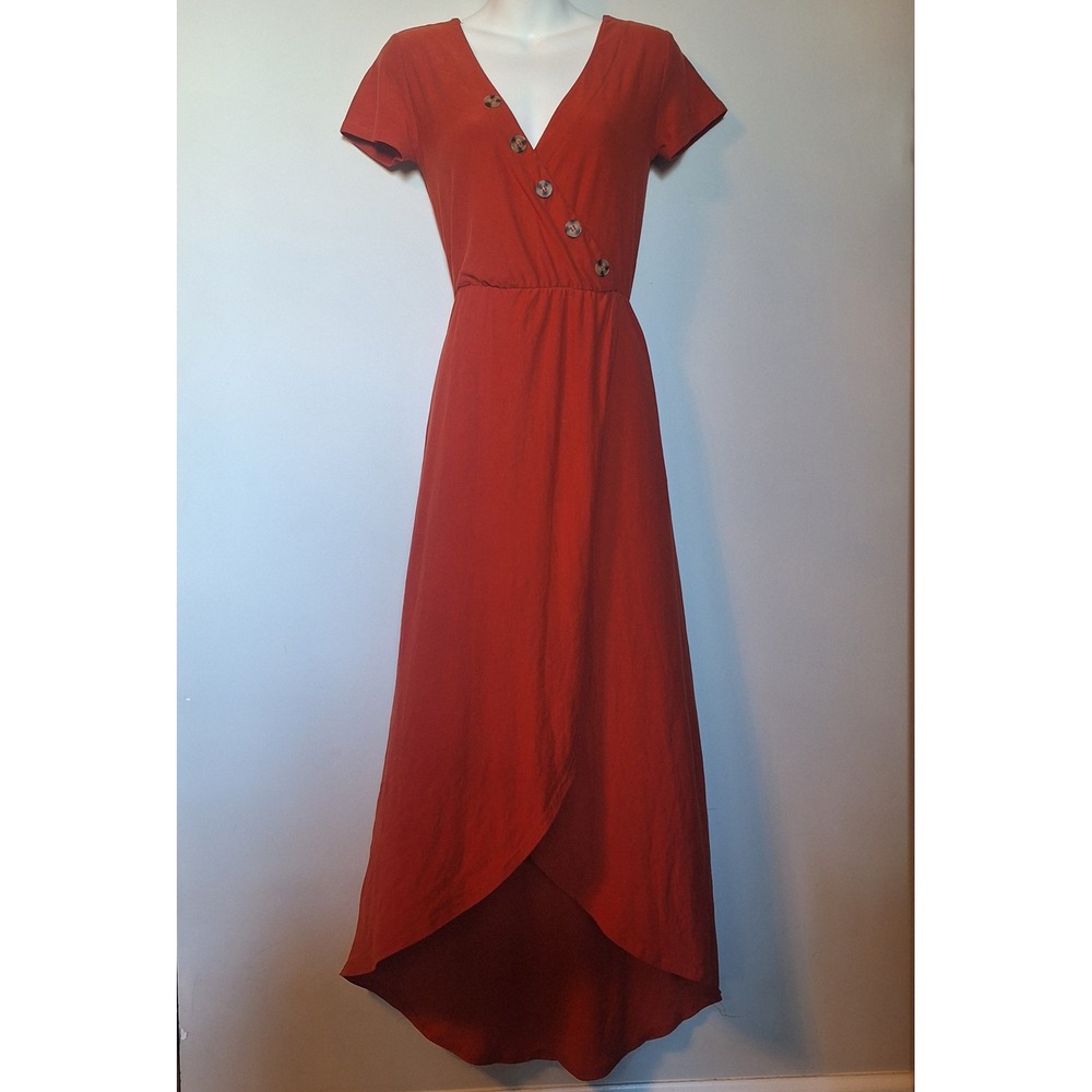 Derek Heart Rust Orange Faux Wrap Button High Low Maxi Dress Size Small